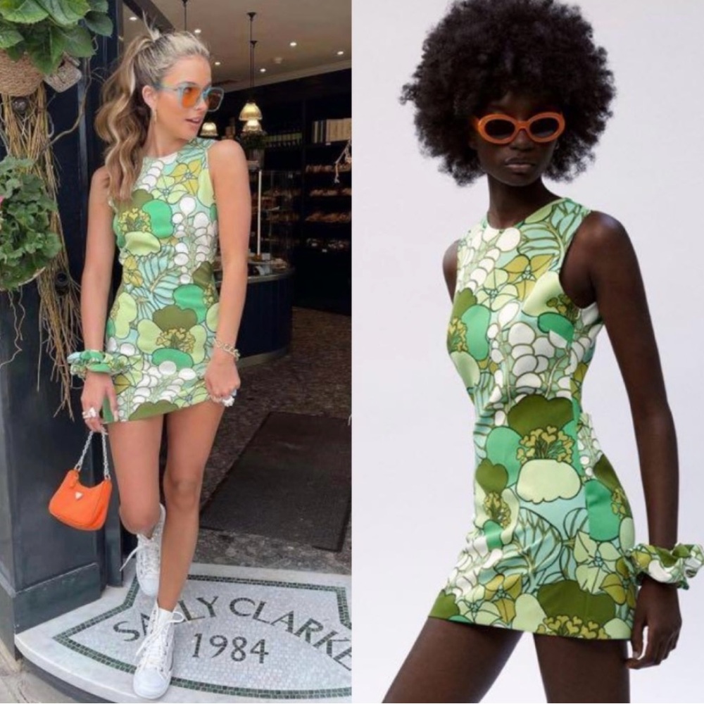 Zara Retro Floral Green Mini Dress